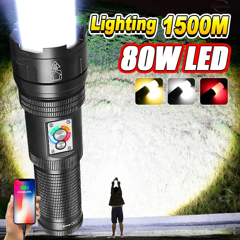 

Super Bright 80W LED Flashlight Powerful Type-c Rechargeable Torch High Power XHP360 Built-in Battery Flashlights IPX6 Hand Lamp