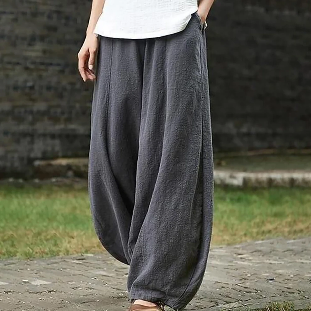 

Spring Summer 2023 Cotton Linen Style Bloomers Wide Leg Pants Women Vintage Full Length Elegent Pants Solid Elasitic Waist