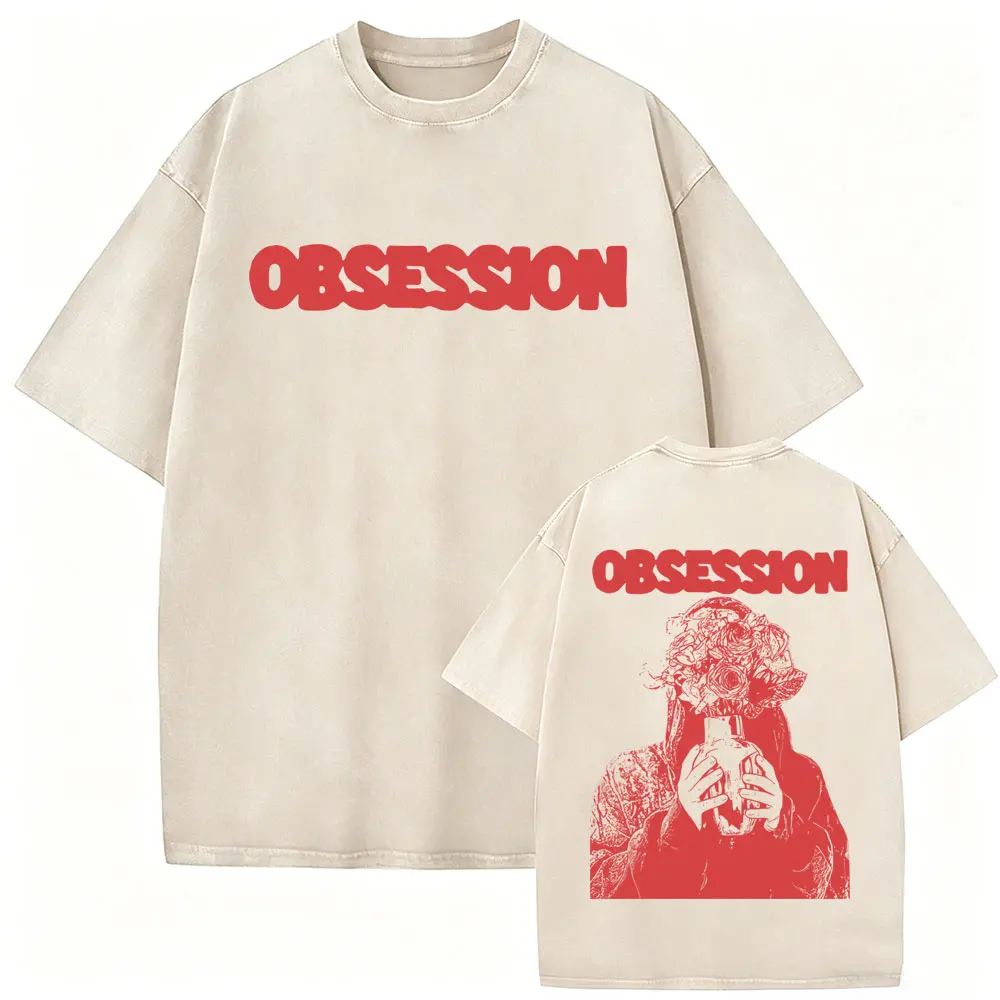 Gewaschenes Vintage Horrorfilm-Obsession-Print T-Shirt für Herren und Damen, Lässiges Oversize-Baumwoll-T-Shirt, Herrenmode Gothic Rock T-Shirts