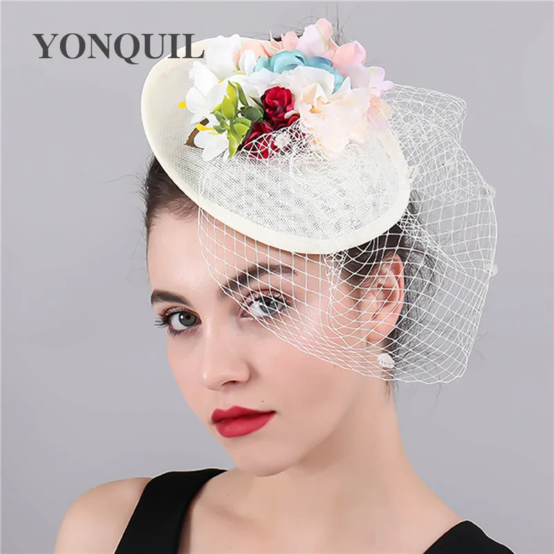 

Головной убор женский из искусственной соломы, Вуалетка с большими цветами и перьями, модный головной убор для свадьбы, SYF822