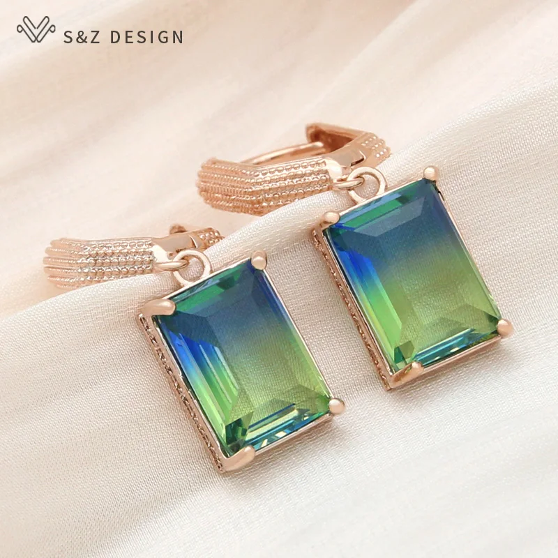 S&Z DESIGN Fashion Colorful Square Imitation Tourmaline Drop Earrings For Women Jewelry 585 Rose Gold Color Vintage Eardrop