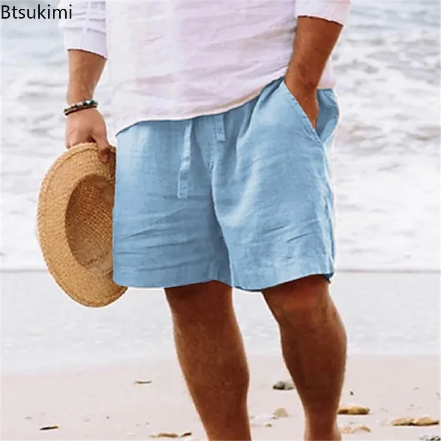 2024 Men's Summer Cotton Linen Shorts Drawstring Short Pants Male Breathable Solid Oversized Beach Shorts for Men Summer Pants