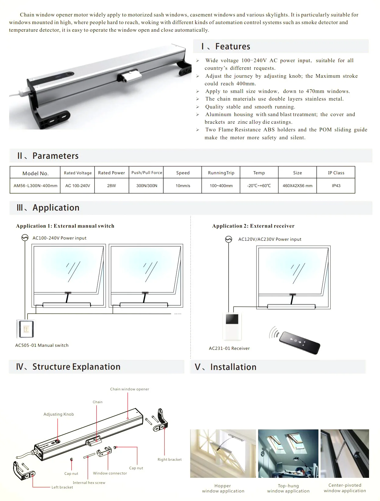 100-240V AC Electric Chain Window Opener 3 Wire / Actuator Stroke Adjustable wit