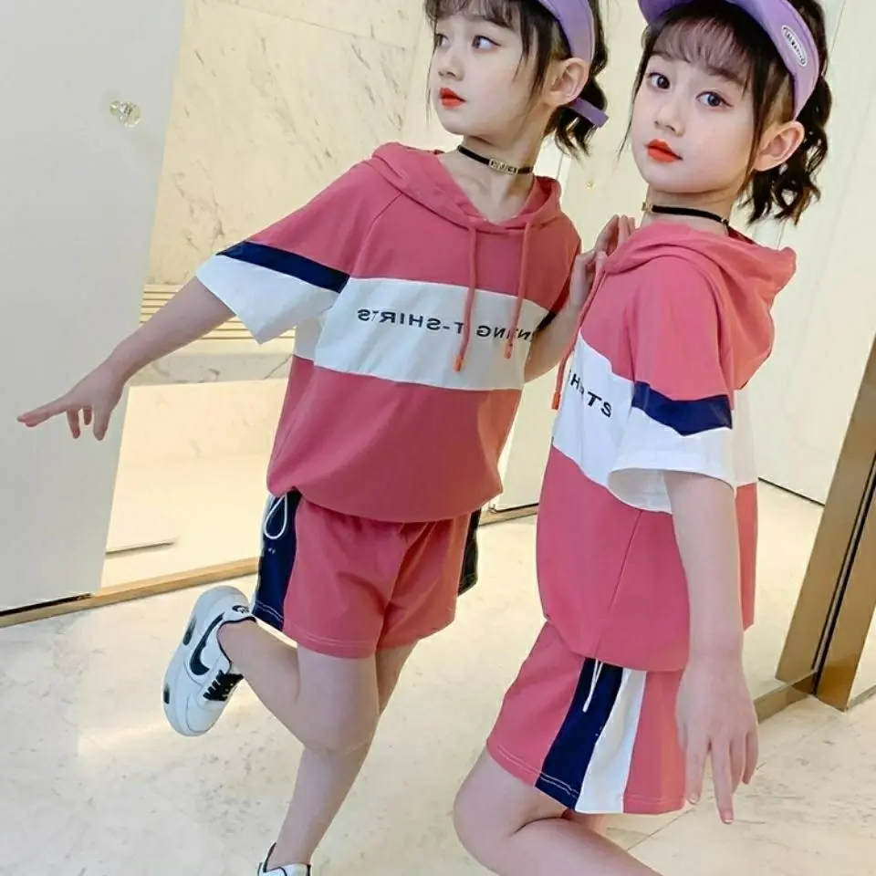 

Fashion Children's Clothing Girls Summer Letter Print Patchwork Tops + Side Stripe Shorts 2pcs Casual Sportswear Outfit 4-14 Yrs