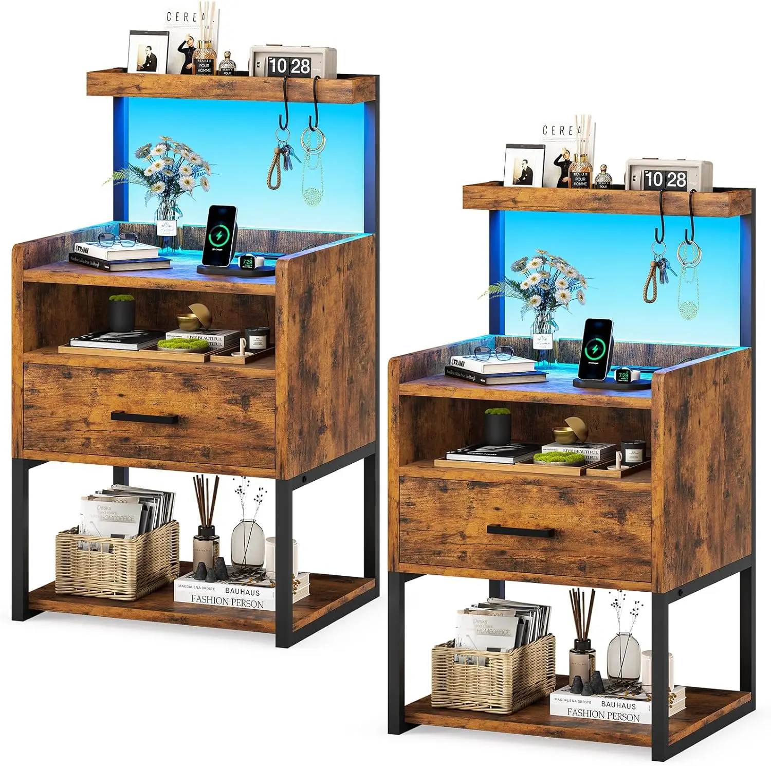 Nightstand Set of 2 with Charging Station, Rustic Brown Night Stands for Bedroom Set of 2, Bedside Table with Storage D