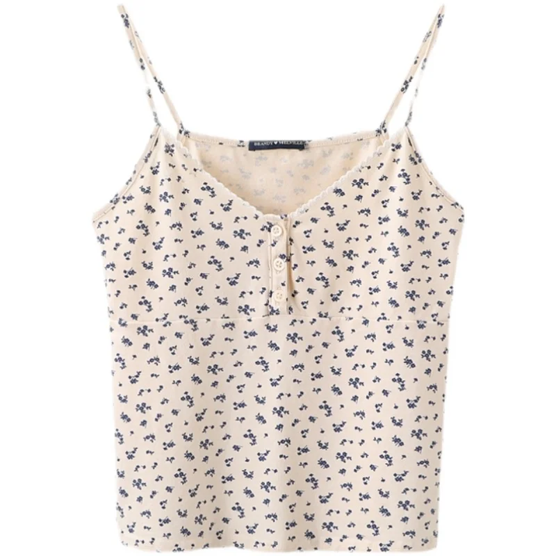 BM Sle Tee-Button Floral Trim V-Ne Vest Inner Wear Tank Top ort Length Slim Fit Cotton 00% Women's Summer Faion