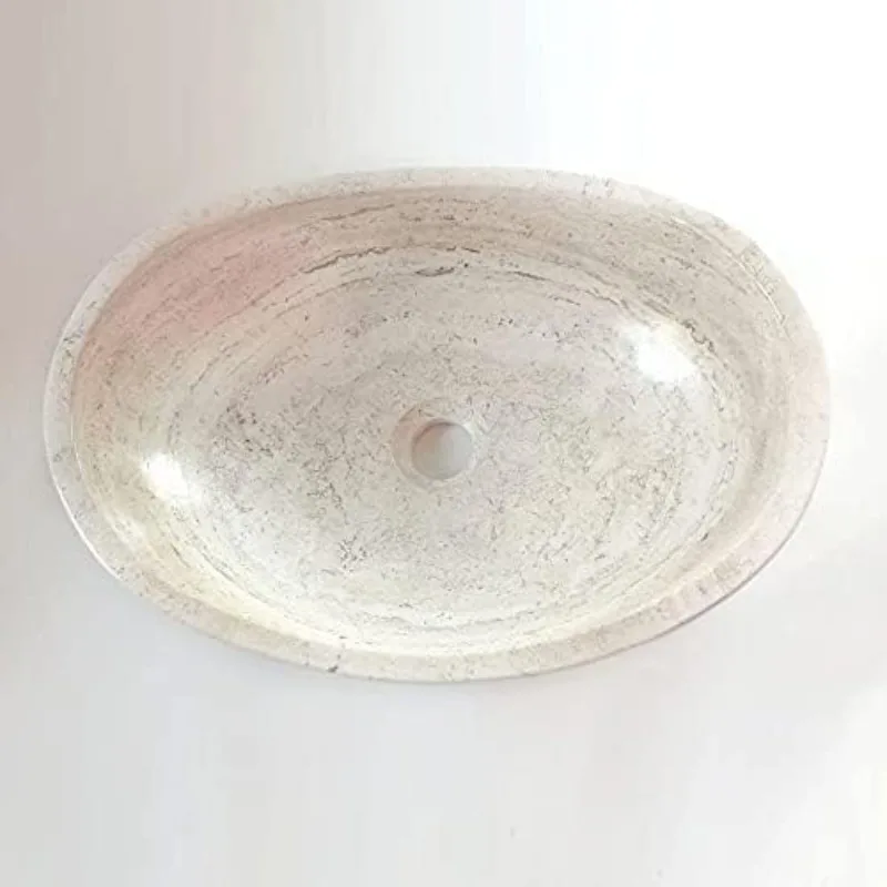 Travertine Chiseled Bathroom Vessel Sink - Oval Canoe Shape - Hand Carved Marble Real Stone Includes Free Soap Tray 5