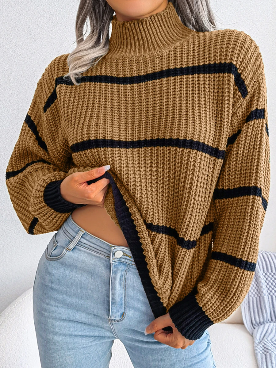 

Turtleneck Sweaters Women Clothing Long Sleeve Sweatshirt Loose Knitted Sweaters High Neck Striped Design