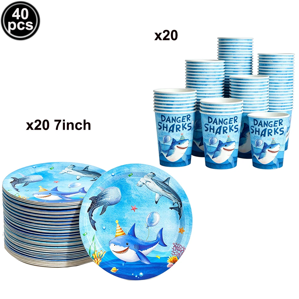 Blue Cartoon Shark Theme Disposable Tableware Set for Kids' Ocean Birthday Party Decor