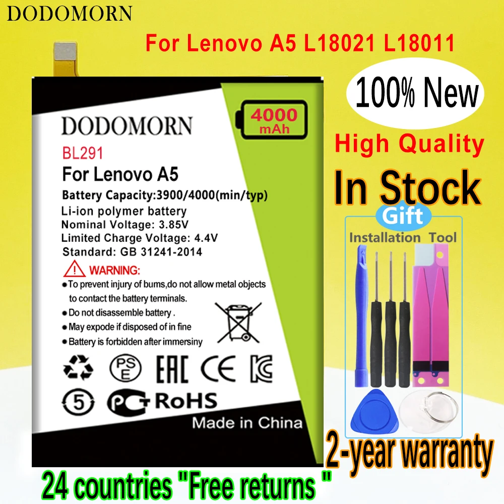 

DODOMORN BL291 Battery For Lenovo A5 L18021 L18011 Series Smart Mobile Phone High Quality With Tracking Number 4000mAh 3.85V