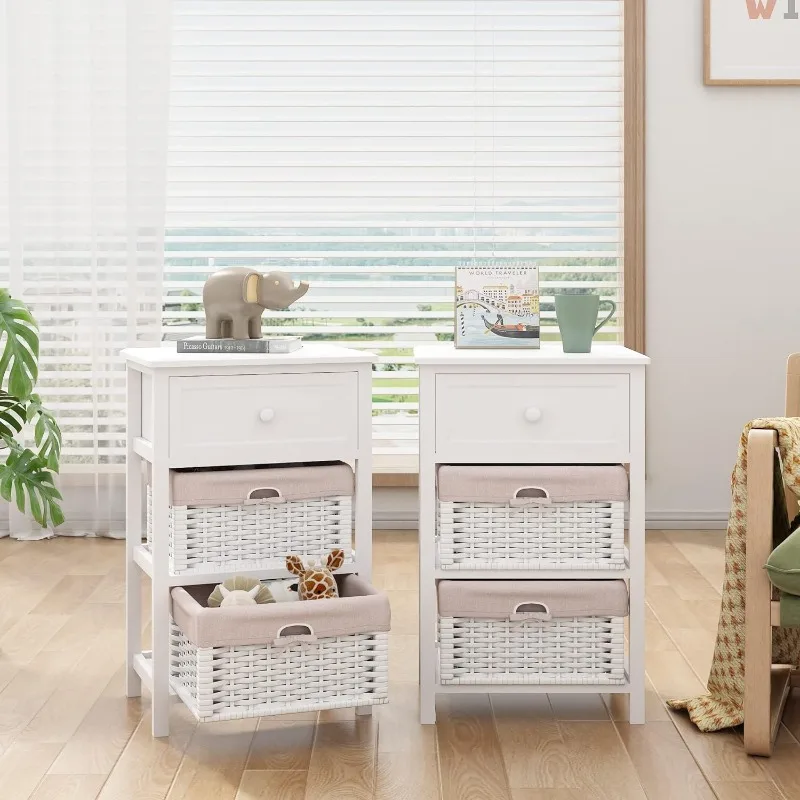 

Fully Assembled Nightstand with 2 Wicker Baskets, Wooden Bedside Sofa Table, Mid Century Modern End Table
