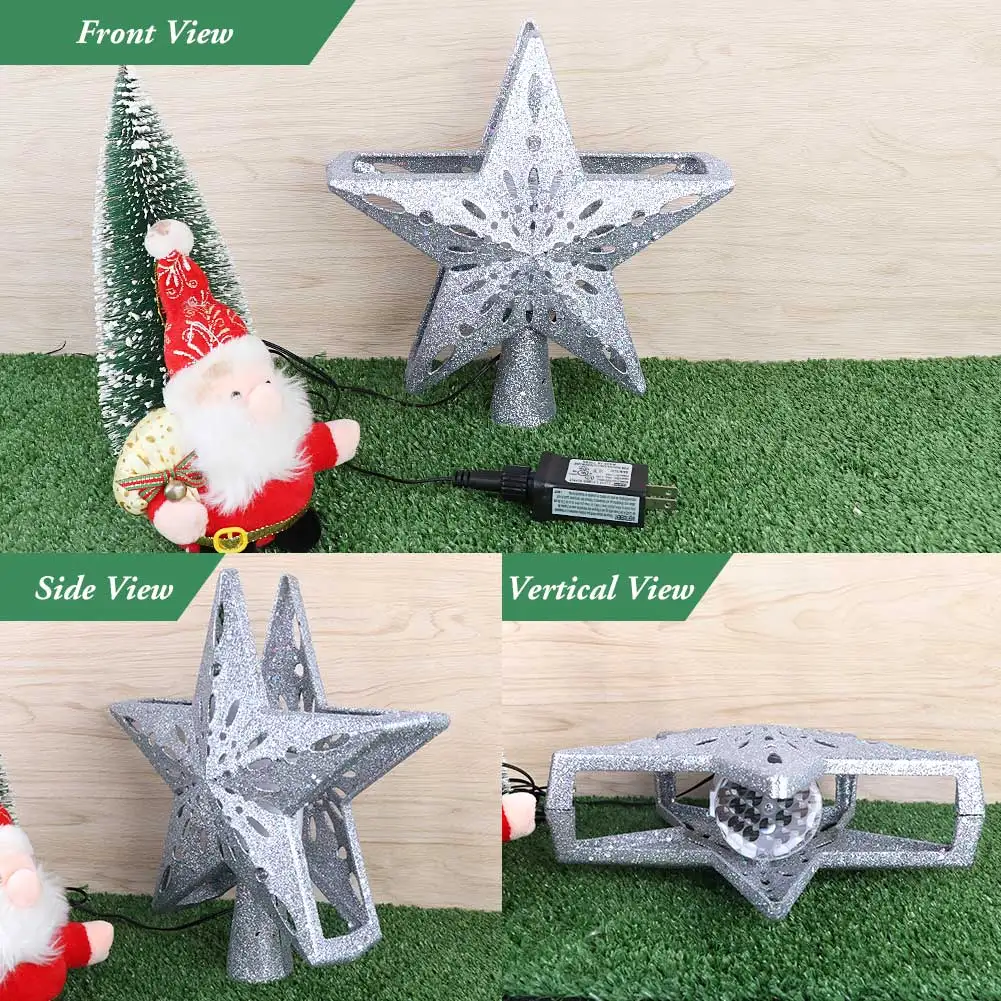 Christmas Star Decoration Christmas Tree Topper Lighted Star Tree Topper with Rotating Snowflake Projector Lights Glitter Hollow Star