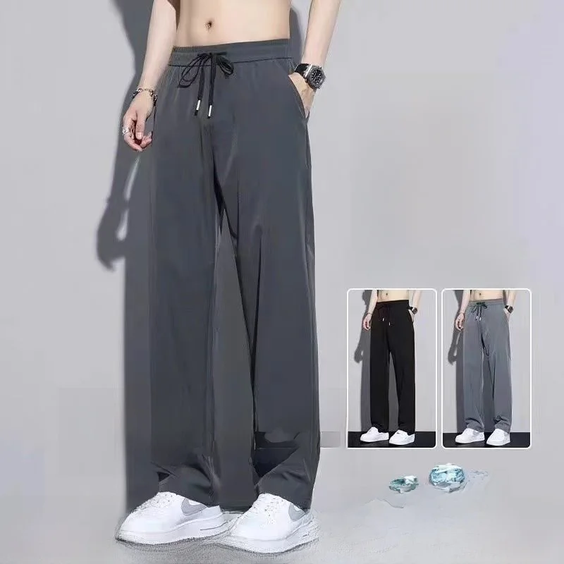 Ultra-Thin Ice Silk Casual Pants for Men Summer Loose Breathable Qui-Dry Elastic Waist Drape Straight Leg Pants Workwear - Image 3