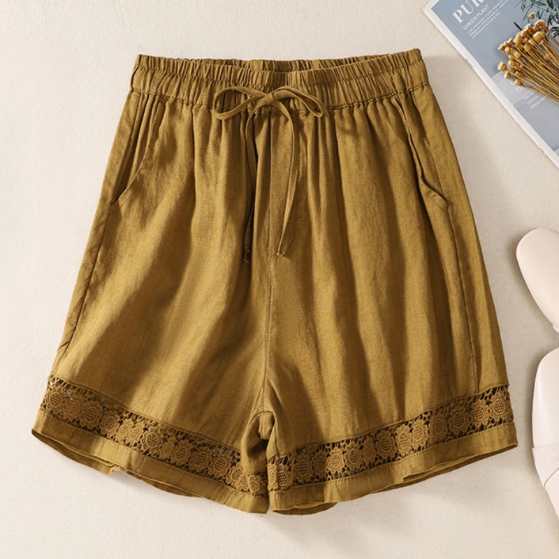 thumbnail image 1 of Pantalones cortos TEELYNN holgados con cintura elástica estilo bohemio para playa para mujer, pantalones cortos casuales de lino y algodón con encaje floral para verano 3XL, 1 of 5
