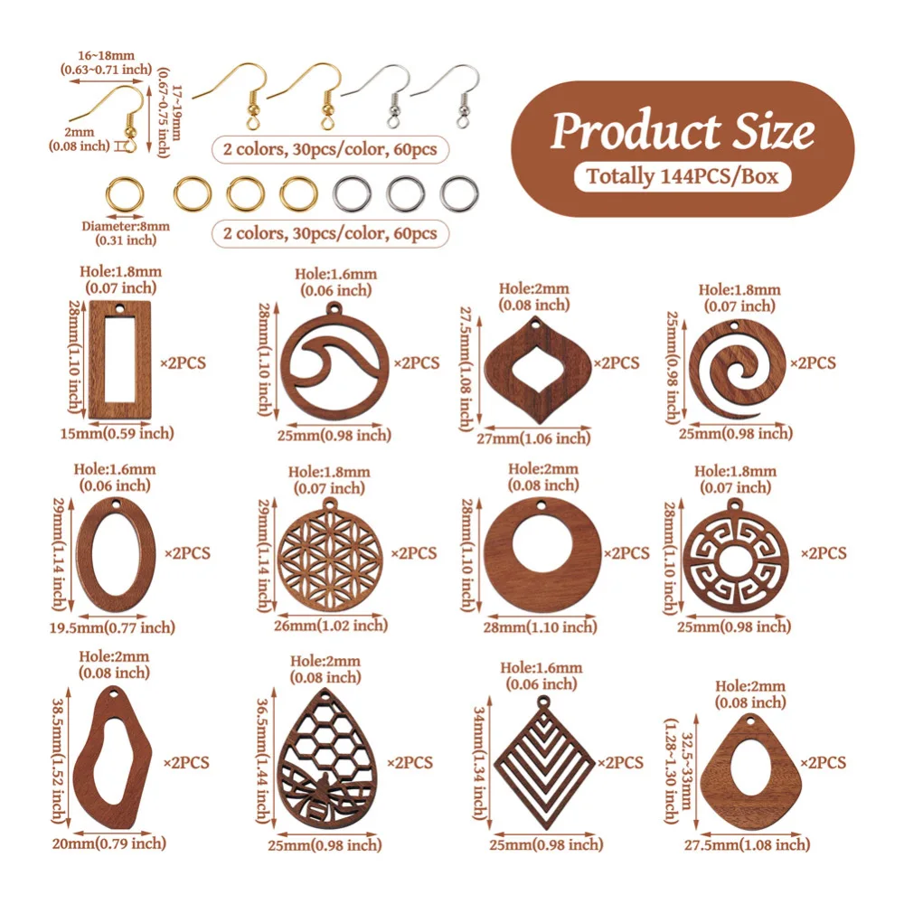 1Box Walnut Wood Pendants for Dangle Earring Making Hollow Leaf Teardrop Earring Wooden Charms with Hook Jump Rings Jewelry Kits