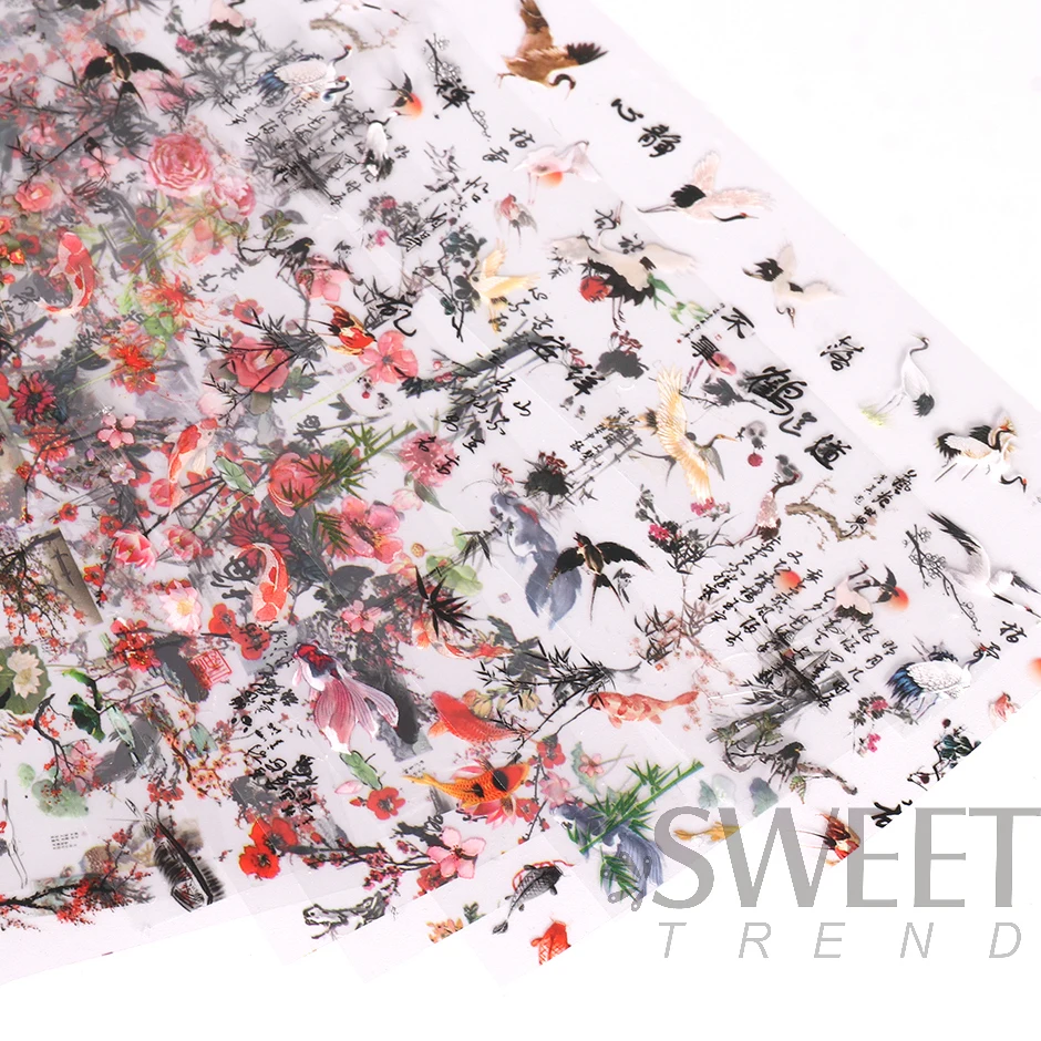 10pcs Chinese Style Nail Art Foils Ink Painting Characters Cloud Crane Design Transfer Sliders New Year DIY Decor Stickers DXK12 5