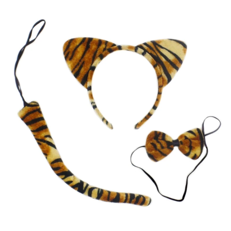Kids 3Pcs Animal Cosplay Costume Set for CAT Ears Plush Headband Long Tail Bow