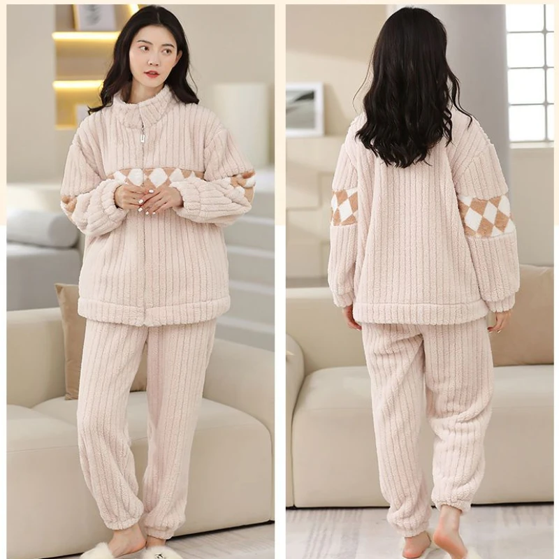 Pajamas Women Winter Flannel Warm Thickened Velvet Nightclothes Casual Zipper Stand Collar Plush Female Warm Homewear Suit 2024