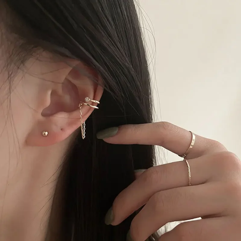 Ear Clip Earrings 1 Pcs Double Layers Crystal Tassel Earcuff Fake Piercing Ear Cuff Clip on Earrings for Women Jewelry