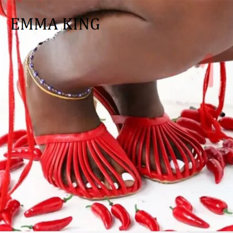 

Metallic Leather Hollow Basket Stiletto Mules Square Toe Slip On High Heel Slippers Ladies Fashionable Cage Slides Big size 45