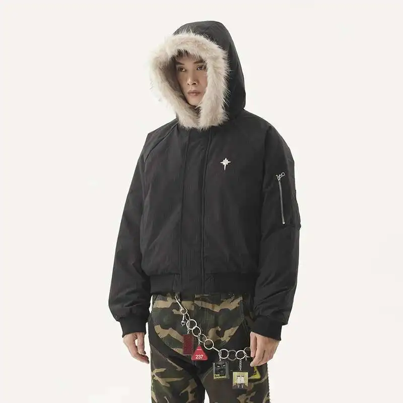 PFNW American Vintage Fur Collar Loose Casual Zipper Cotton Jakcets Men's Winter Trendy Warm Short Cotton-padded Coat CPG2188