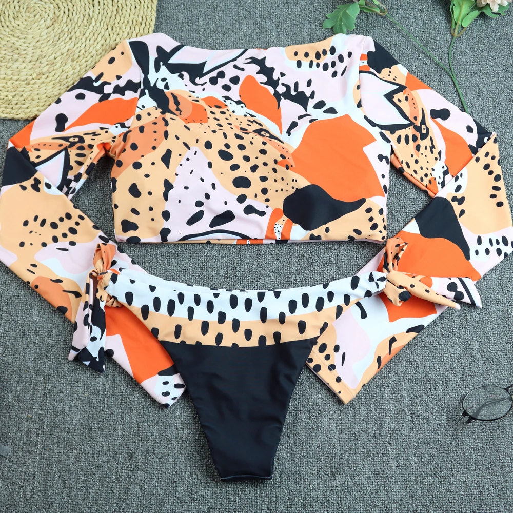 

Leopard Woman Sexy Bikini 2023 Sunscreen Swimsuit Women Long Sleeve Bandage Swimsuit Bikini Push Up Summer Bath Suit Bandeau