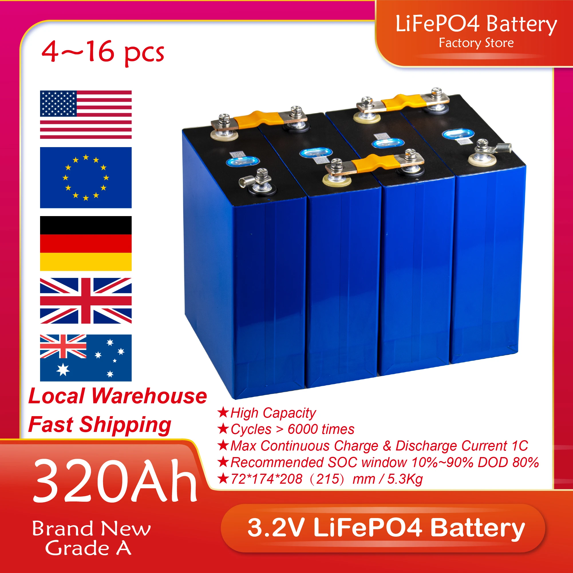 

4Pcs 3.2V 310Ah 280Ah 105Ah LiFePO4 Battery 3C Lithium iron phosphate Battery 320AH for 4S 12V 24V 48V Golf Cart Yacht solar RV