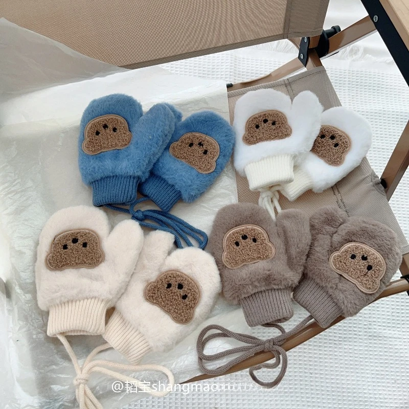 Korean Kids Gloves Winter Cartoon Bear Boys Girls Mittens Halterneck Plush Baby Wholesale
