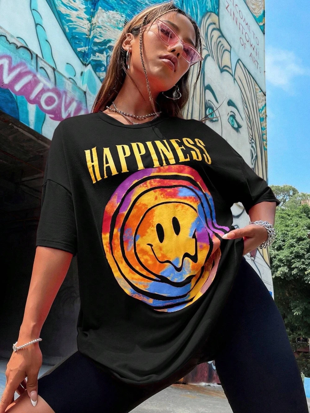 Happiness Colorful Smiling Face Funny Graphic T-Shirt Women Oversized Cotton Tshirts Soft Cool Clothing Cool Casual Short Sleeve