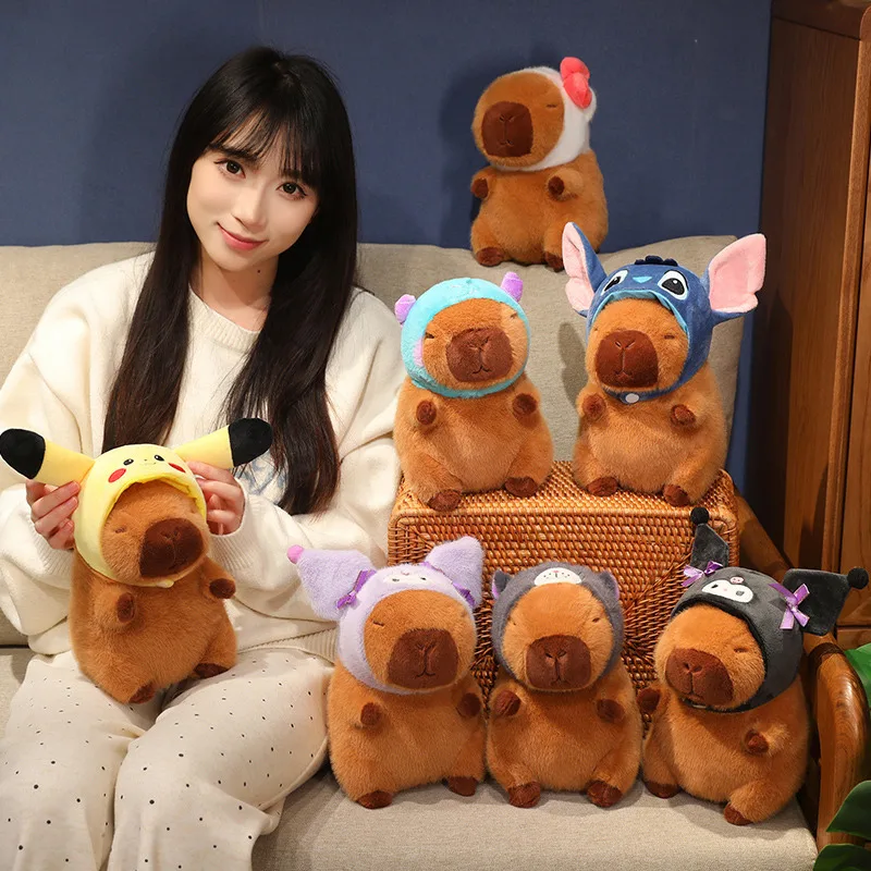 22cm Pokemon Pikachu Disney Stitch Kuromi Hat Capybara Plush Toy Capibara Stuffed Animal  Simulation Capybara Plushies Doll