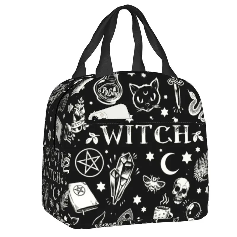

Изолированная сумка для ланча с рисунком ведьмы для улицы, для пикника, кошки, черепа, термоохлаждающий Ланч-бокс, женская сумка-тоут