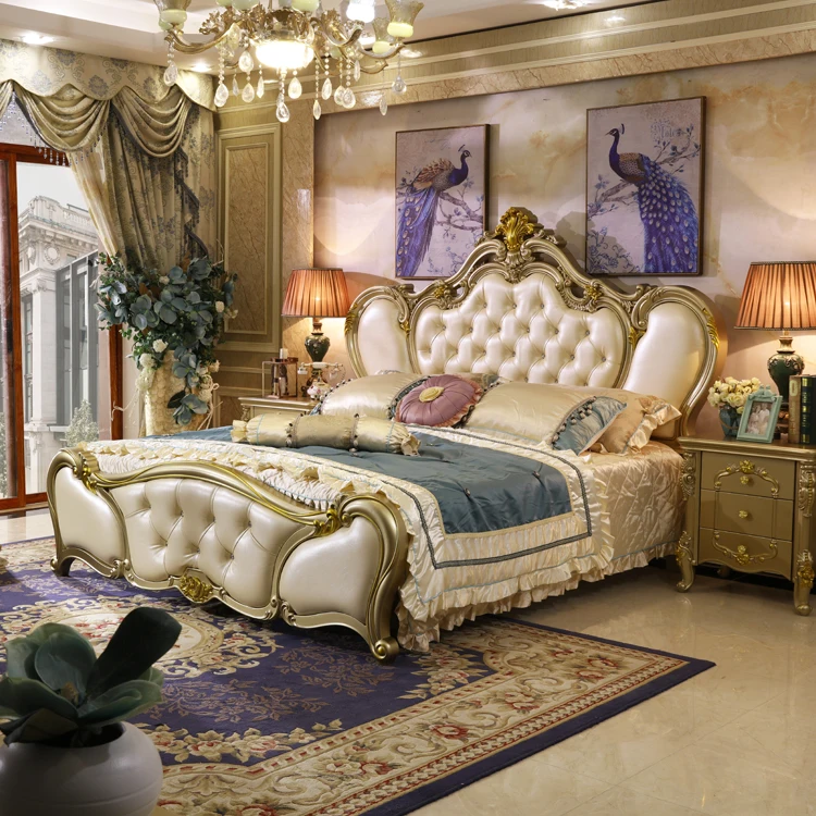 Luxury european-style hotel hand-carved wooden double bed