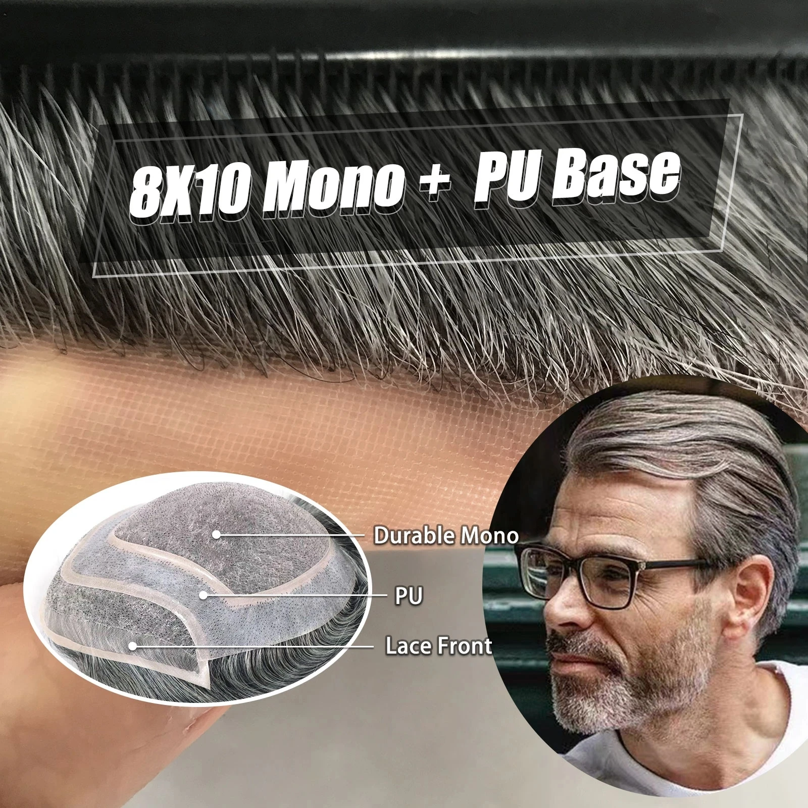 1B80 Toupee 남성용 파인 모노 웨이브 가발, 인모 교체 시스템, 남성용 보형물, 8x10 회색 헤어피스 유닛