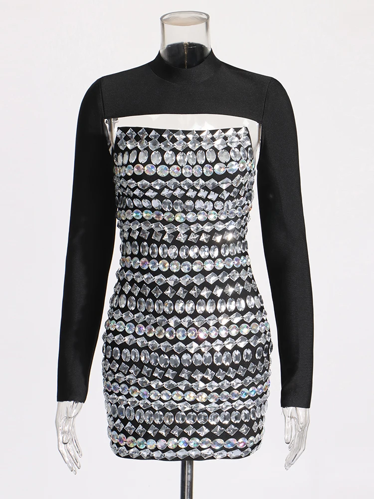 CHICEVER Sexy Two Piece Sets For Women Stand Collar Long Sleeve Tops Slim Spliced Diamonds Bandage Dress Hit Color Set Female