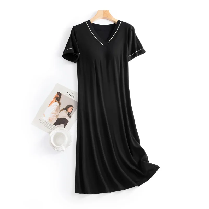 Summer Modal Short Sleeve Female Sleeping Long Dress Loose Housewear Nightgowns For Women V Neck Nightwear Nightshirt M-3XL