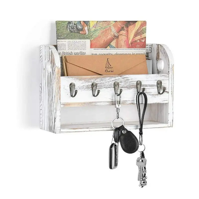 

Mail and Key Holder Organizer with Shelf and Hooks, Mail Sorter - Rustic in Brown