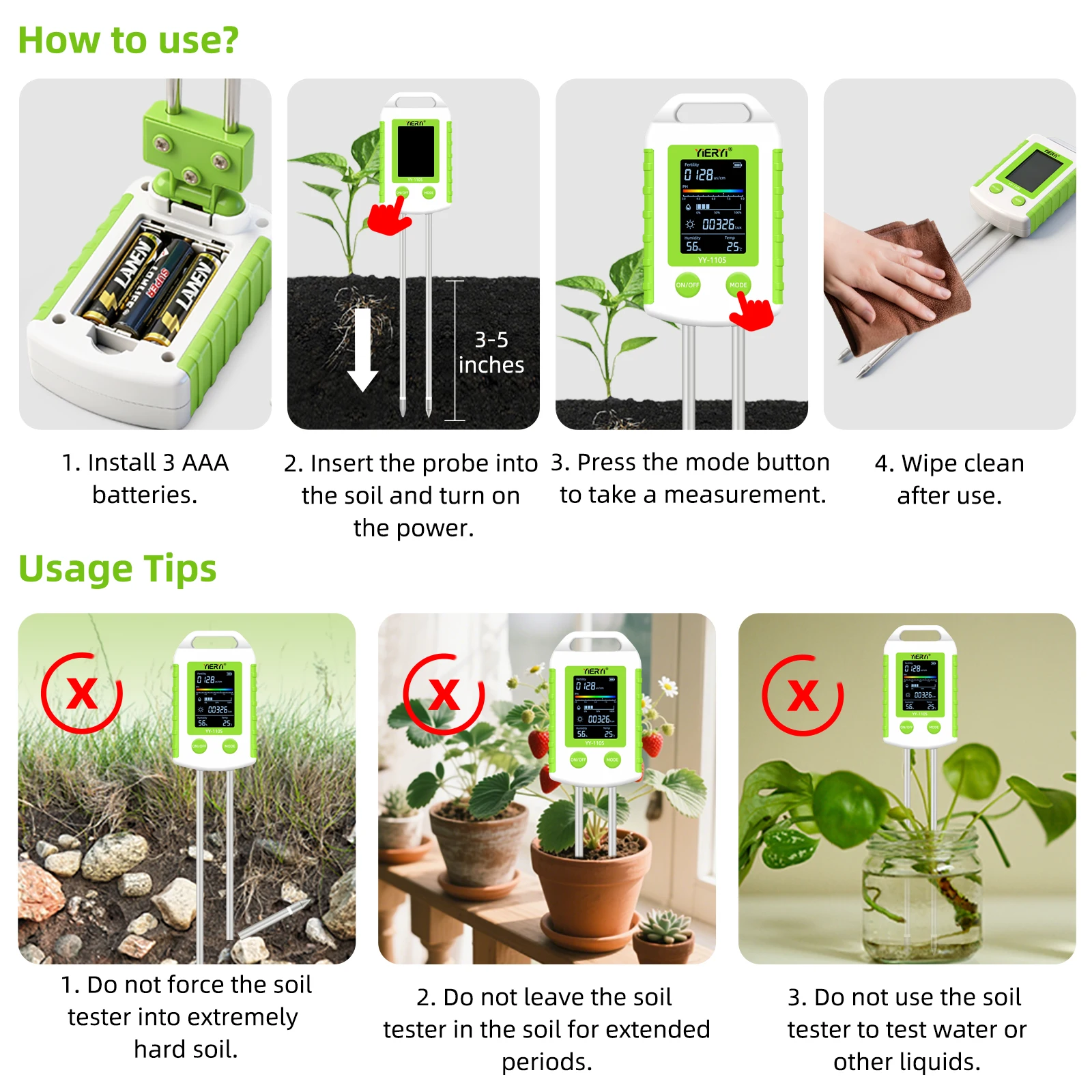 6-in-1 Soil PH Meter Fertility Temperature Humidity Light Tester 90° Rotatable L