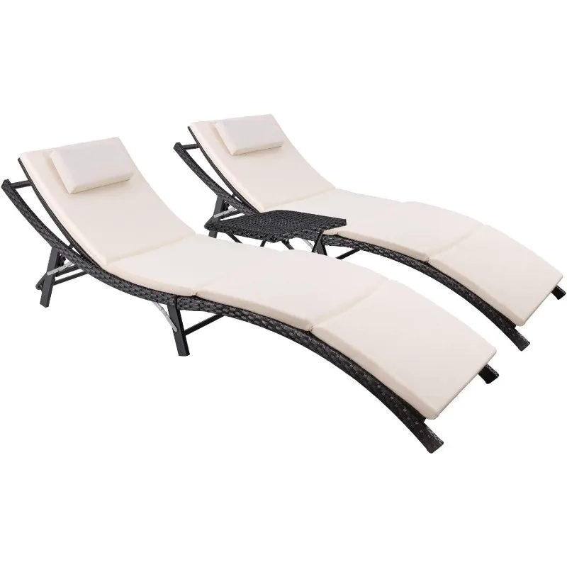 

Chaise Lounge Sets Outdoor Rattan Adjustable Back 3 Pieces Cushioned Patio Folding Chaise Lounge with Folding Table (Beige)