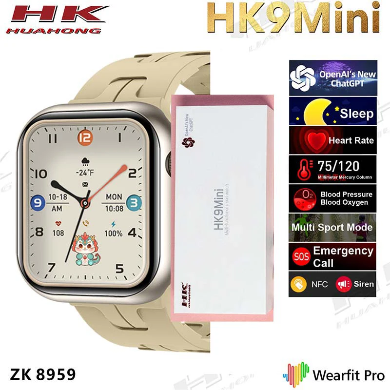 HK9 미니 스마트 워치 소형 블루투스 통화 스포츠 스마트워치, ChatGPT 나침반, NFC 음악 심박수, 남녀공용, 1.75 인치, 41mm