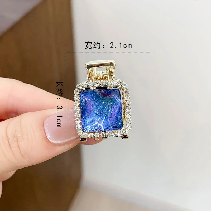 Fantasy Ocean Blue Harz Quadrat Strass Haarklammer Kleine Größe Exquisite Metall Side Bang Clip Niedliche Haarspange Haarschmuck – Detail 1