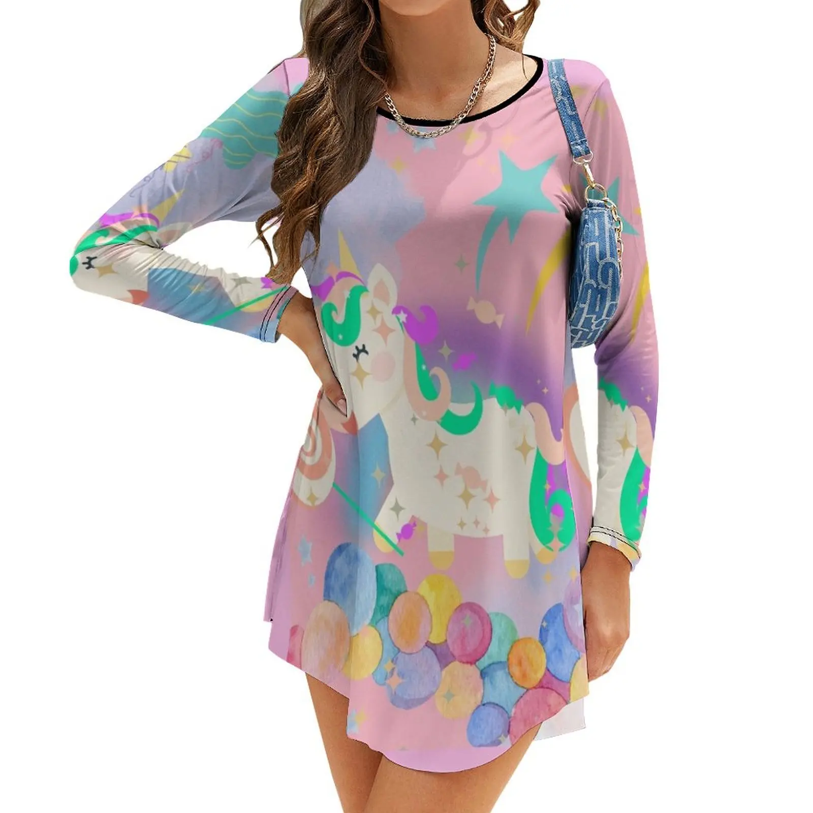 

Unicorn with candy and balloons. Long-Sleeve Dress women's summer dress 2024 Woman dresses