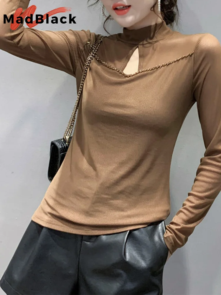 

MadBlack European Clothes T-Shirt MoCk Neck Glitter Diamonds Female Slim Mesh Tops Long Sleeve Tee Autumn Winter T3D230JM