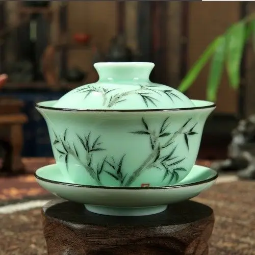 [GRANDNESS] Longquan Gaiwan Set Porcelain Tea Cup Handpainted Floral Sancai Tea Cup 170ml