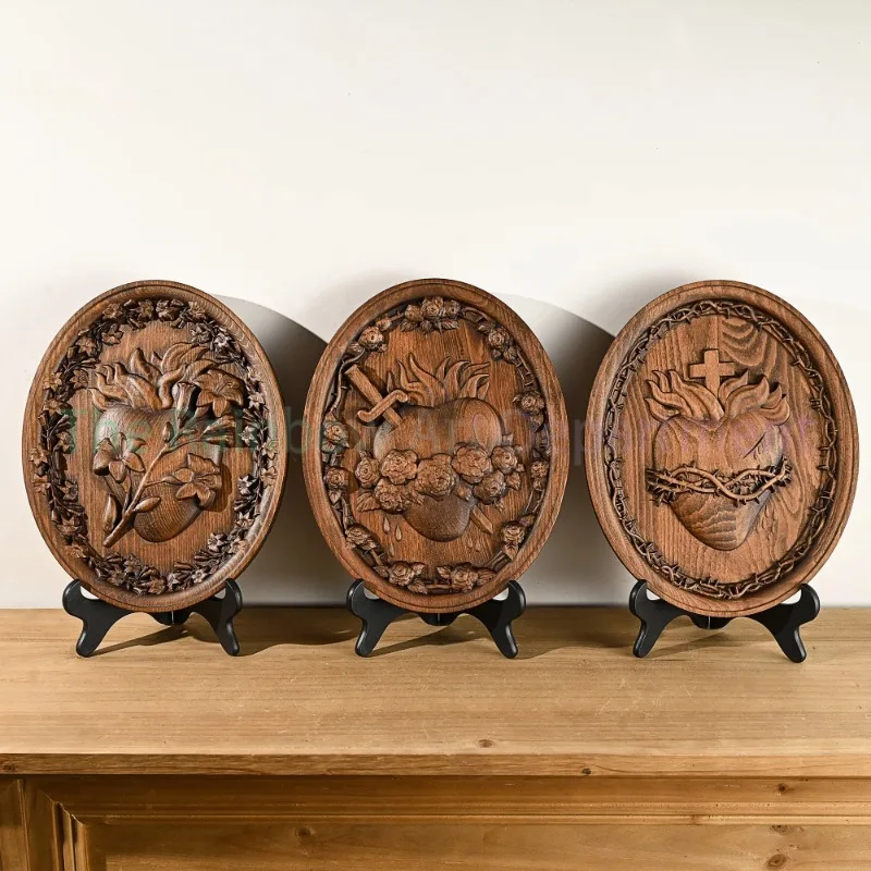 Holy Family Three Hearts Wall Decoration, Wood Carving, Sacred Heart of Jesus, Sacred Heart of Mary, Joseph