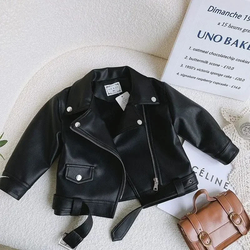 

2023 Spring Kids Baby Toddler Black Full Sleeve Zipper Leather Top Jacket Children Fashion Girls Coat Outwear Buttons 2-9 Years