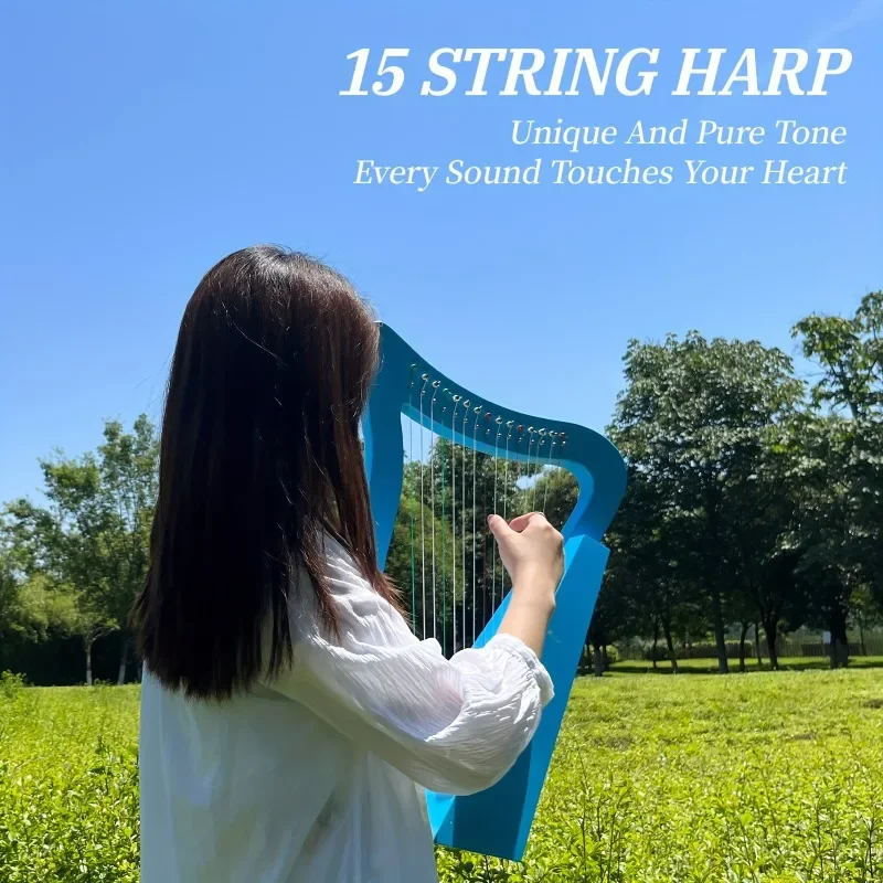 New15 Tone Chromatic Portable Small Harp Wooden Lyres Harp with Accessories Beginner Stringed Instruments Nice Gifts Pink Blue