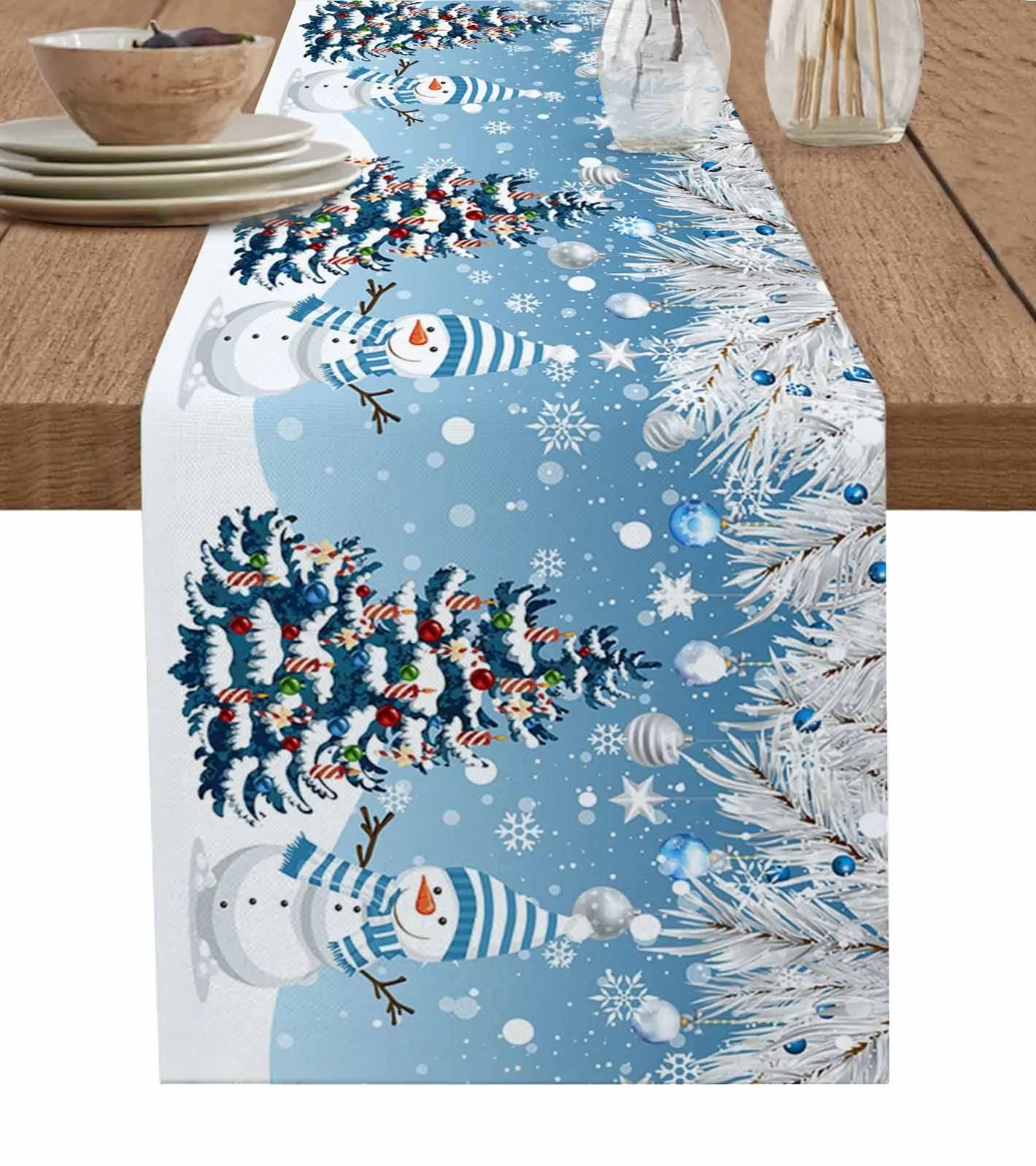 

Рождественская елка, снеговик, льняные скатерти, комод, шарфы, украшение для стола, зимние рождественские скатерти, рождественские украшения