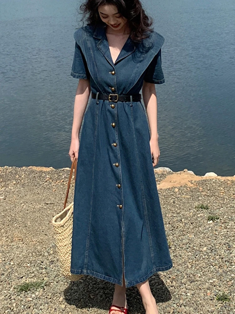 Vintage Notched Collar Short Sleeve Summer Jeans Dress Women Elegant Single Breasted Pocket