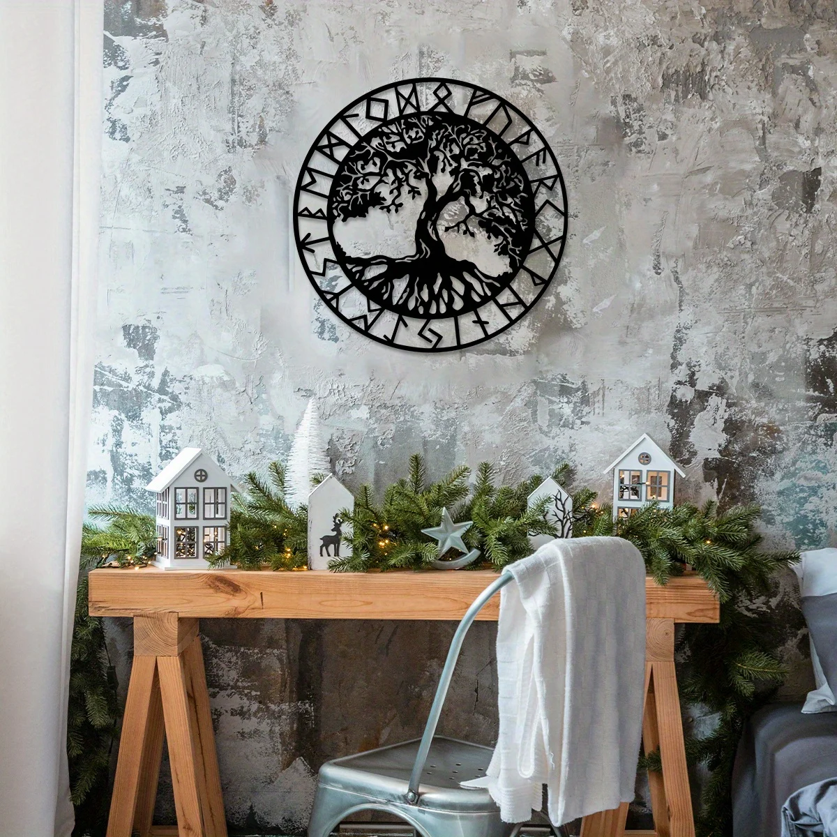 Tree of Life Metal Wall Art with Viking Runes, Vegvisir Nordic Wall Hanging Decor Large Metal Wall Pediment for Home