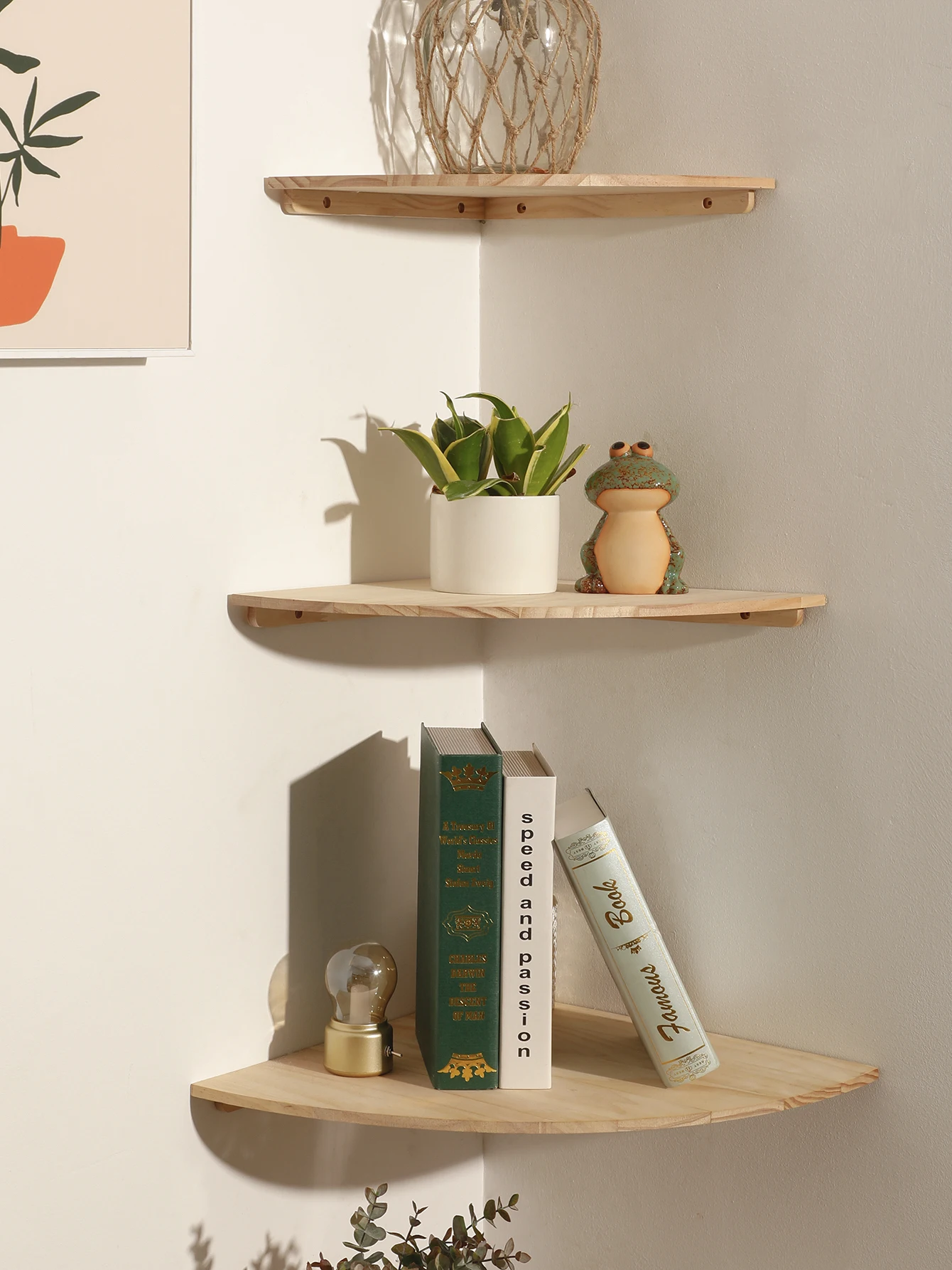 Wall Corner Shelves Wood Floating Wall Shelf Round End Wall Mounted Floating Corner Shelf for Bedroom Living Room and Kitchen 3